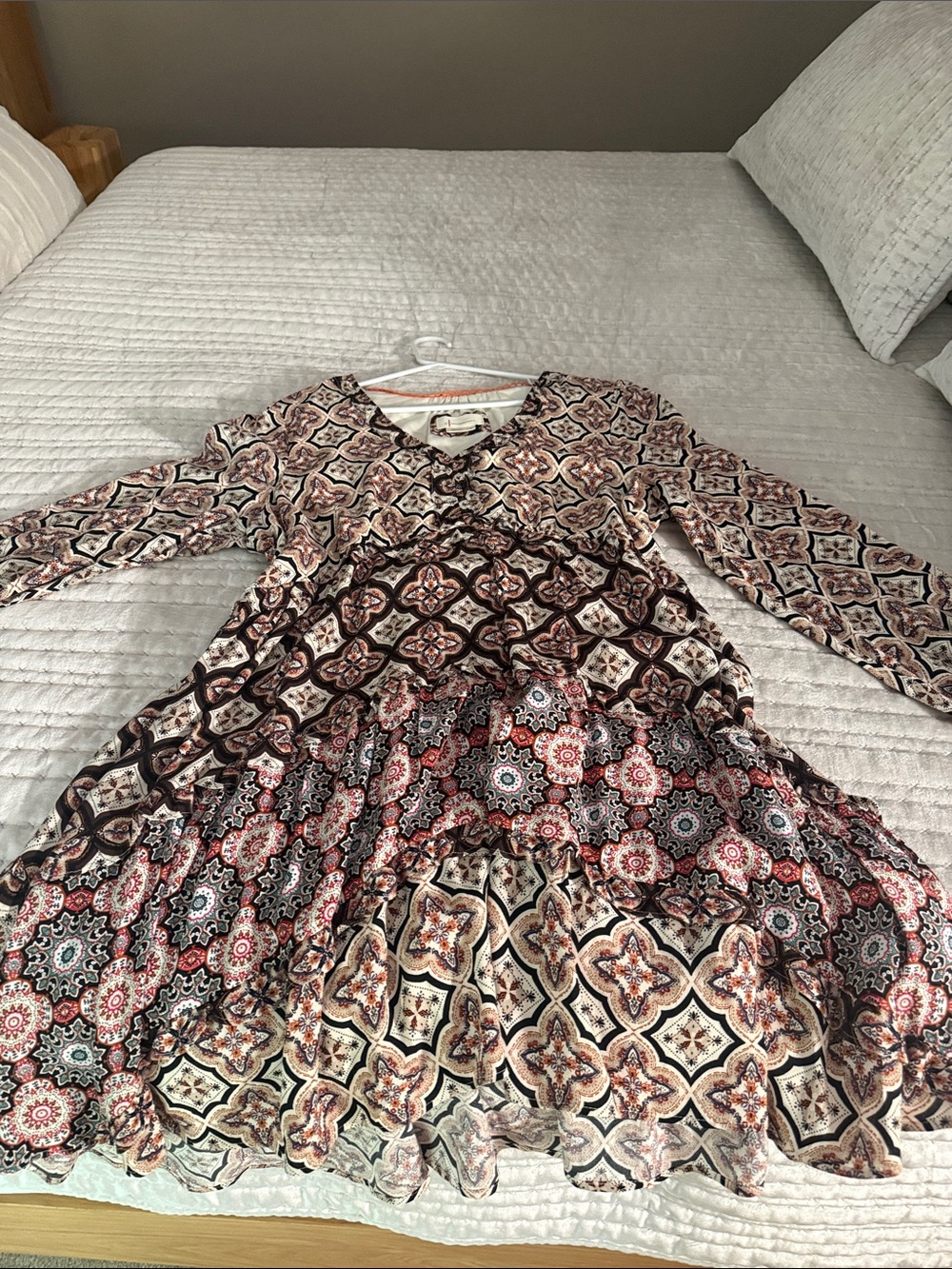 Anthropologie Printed Tiered Long-Sleeve Dress - Pink, Brown & Cream